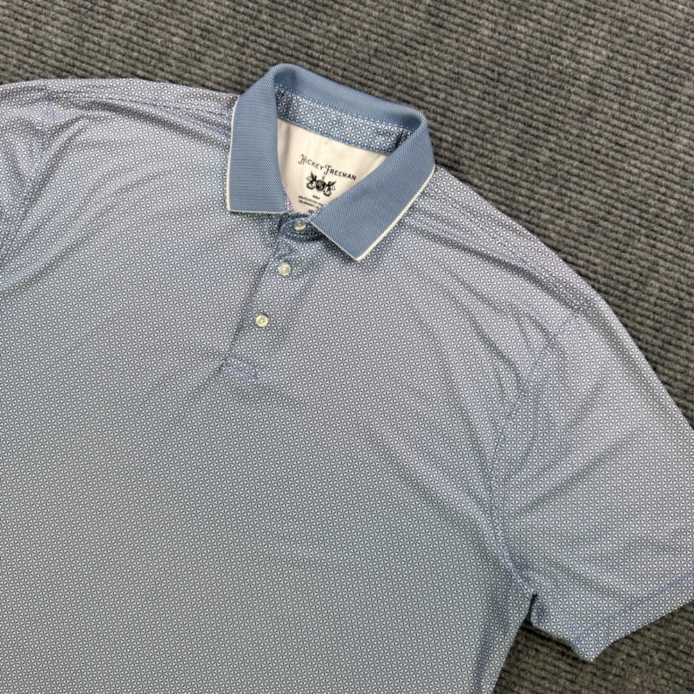 Hickey Freeman Golf Polo Men XXL Blue Geometric Starburst Short Sleeve Shirt 2XL